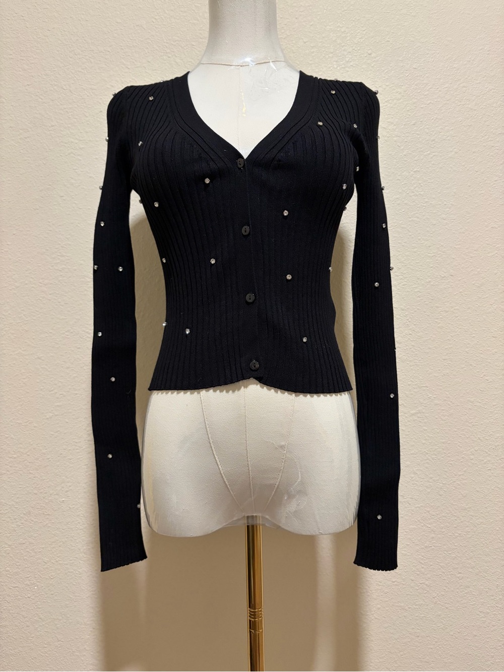 H&M Black Ribbed V-Neck Cardigan with Rhinestones
